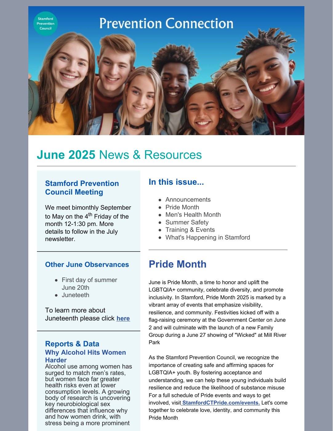 Stamford Prevention Council June 2025 newsletter cover